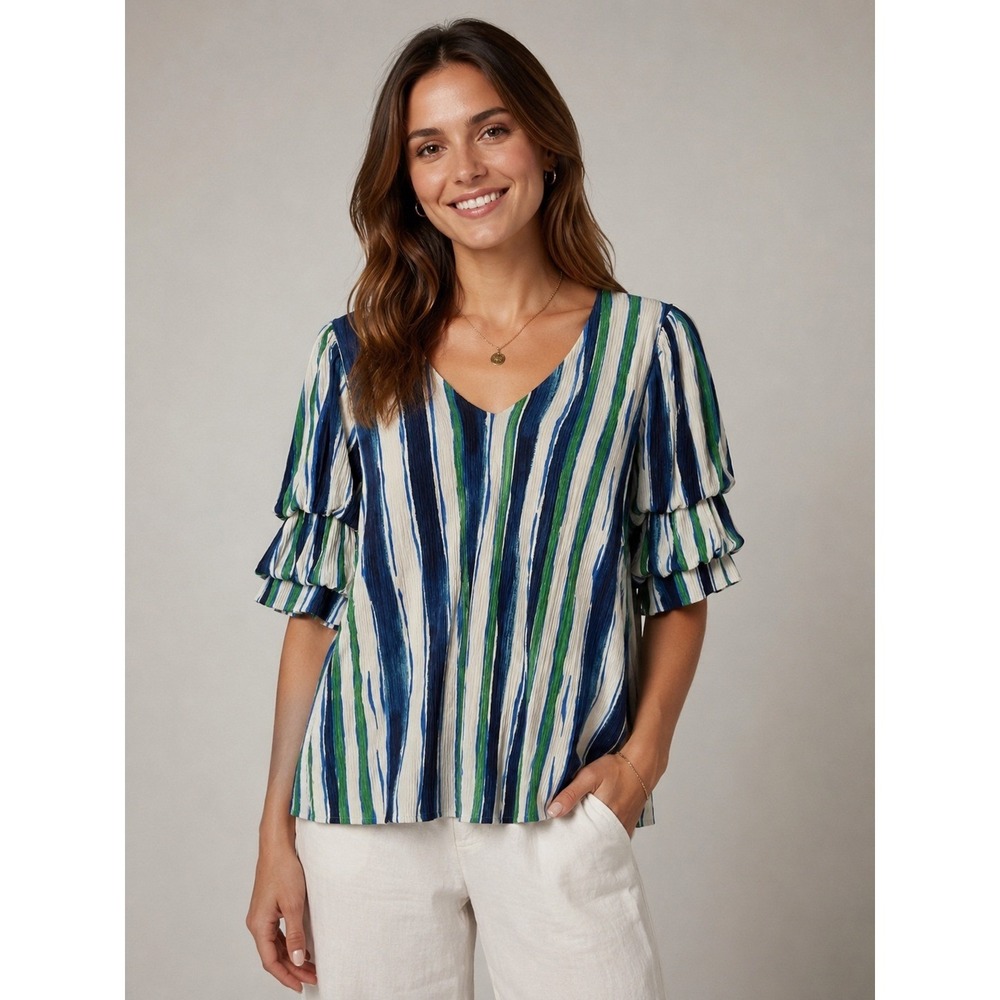 NWT Chico's Size 2 (L) Textured Stripe Blouse Blue Green White Ruffle Sleeve Top